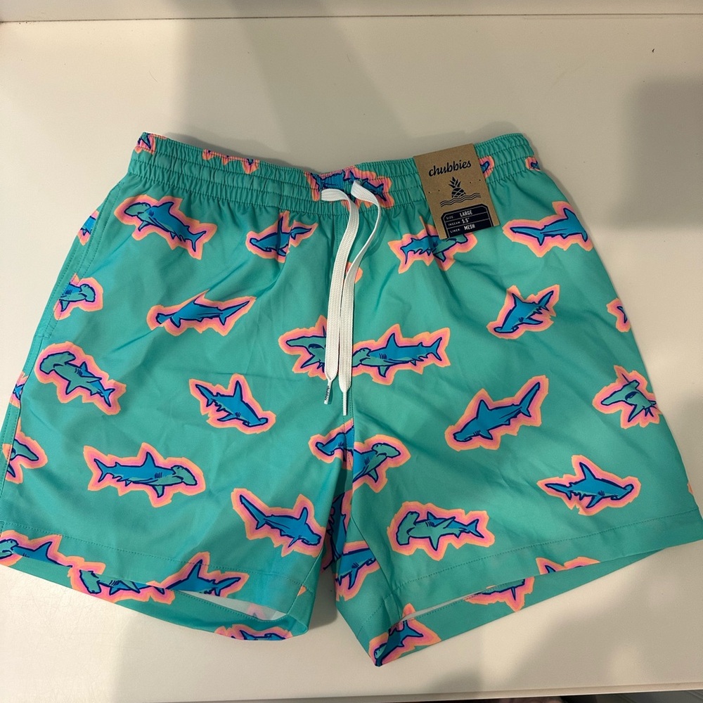 Chubbies Turquoise Swim Shorts with Shark Design